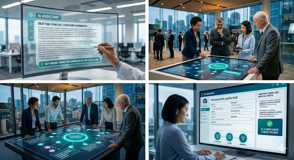 A medical affairs / MSL team reviewing a dashboard showing AI-flagged literature and KOL insights on a large screen, mid-discussion — collaborative, not futuristic or sci-fi.